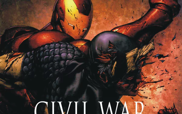 A dynamic HD wallpaper featuring Captain America and Iron Man from the comic Civil War, showcasing their intense conflict against a dramatic backdrop.