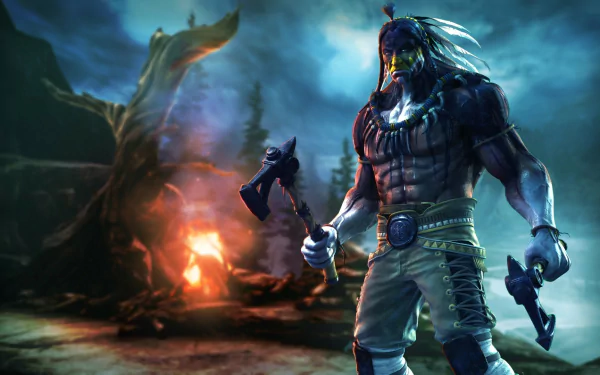 A powerful character from Killer Instinct stands confidently with weapons in hand, set against a dramatic, misty background, creating an impressive HD wallpaper for fans of the game.
