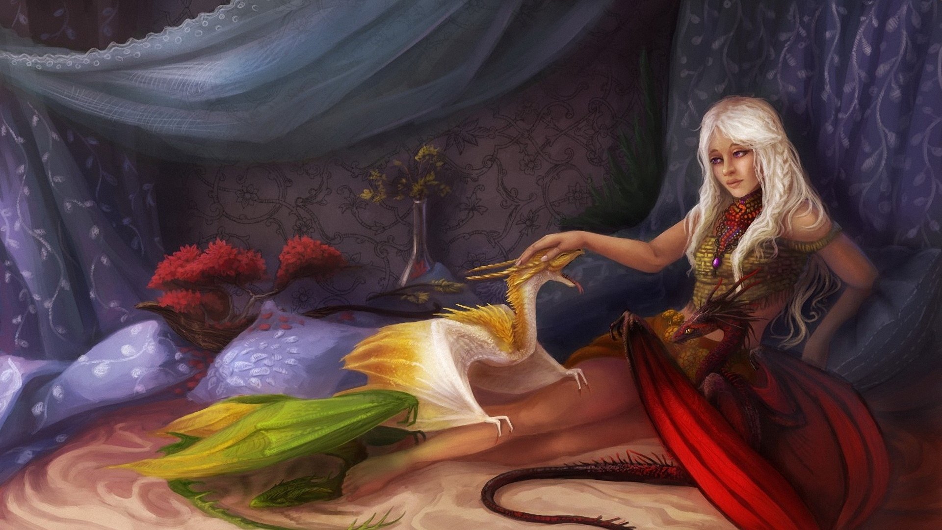 HD PC desktop wallpaper of Daenerys Targaryen (TV show Game of Thrones): white-haired woman reclines on silken cushions, gently touching a small dragon.