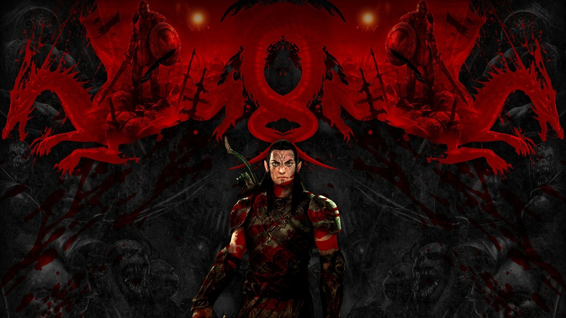 HD PC desktop wallpaper featuring a dark, intense scene from the video game Dragon Age: Origins with a central armored character and red dragon motifs.
