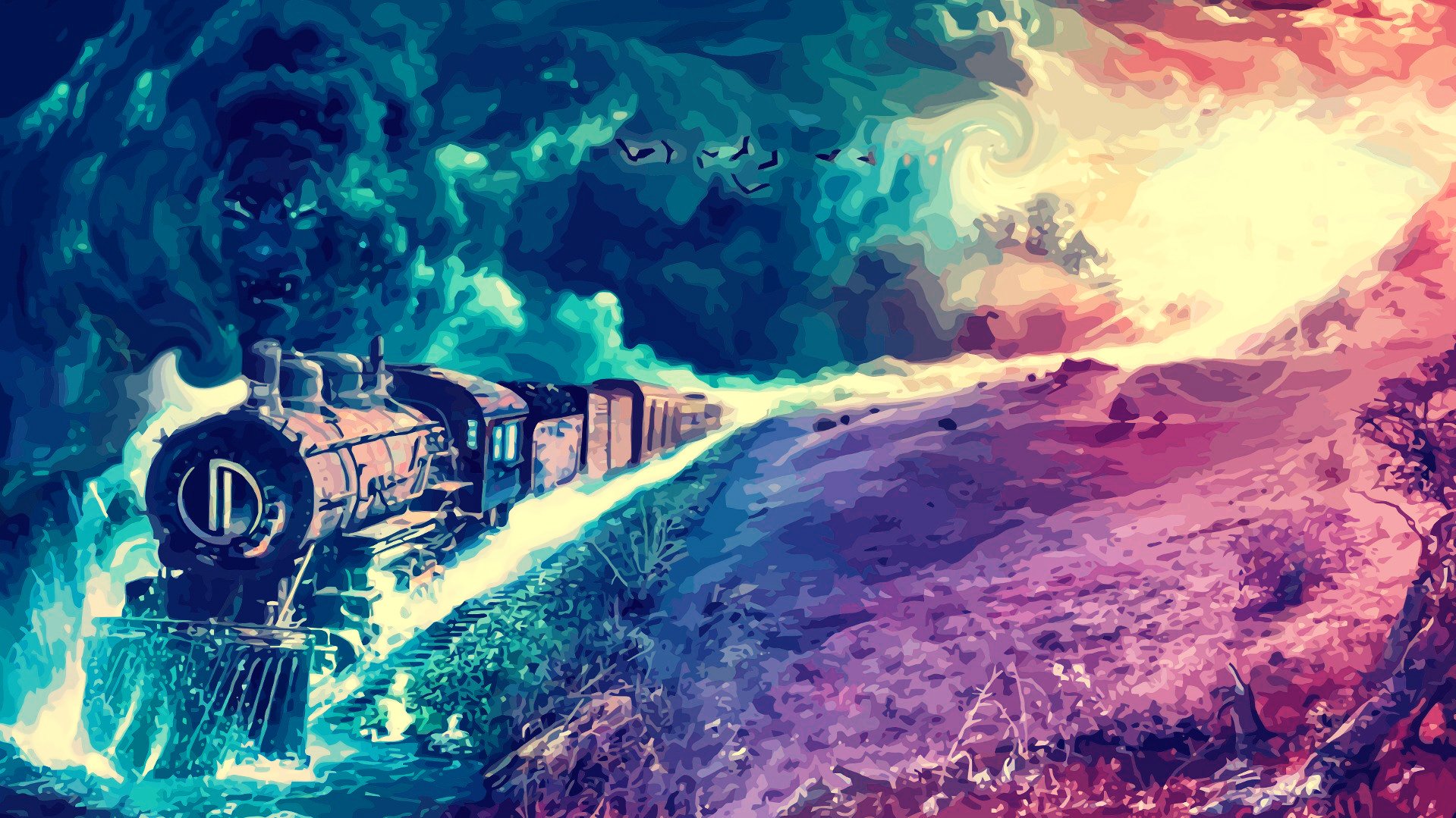 A vibrant fantasy landscape featuring a steam train traveling along a colorful path, with swirling clouds and vivid colors setting an enchanting scene for HD desktop wallpaper.