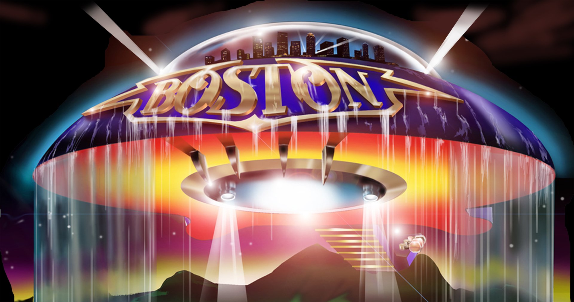 HD desktop wallpaper featuring a glowing spaceship with Boston on it, surrounded by colorful lights and beams, blending music and Boston city themes.
