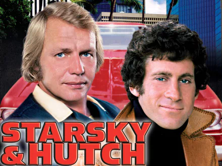 HD PC desktop wallpaper featuring the iconic TV show Starsky & Hutch with the main characters posed in front of a red car.