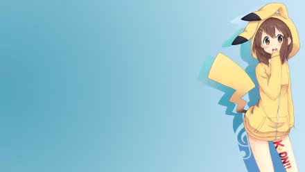 HD wallpaper featuring Yui Hirasawa from K-ON! in a Pikachu cosplay. The background is a simple gradient, enhancing the vivid anime style.