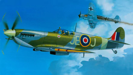 A vibrant HD wallpaper featuring a Supermarine Spitfire soaring through the sky, with a fighter plane in pursuit, capturing the essence of military aviation history.