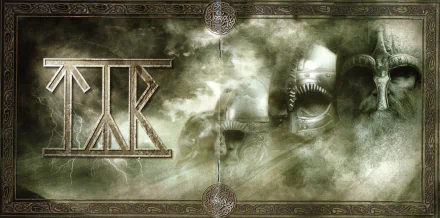 HD PC desktop wallpaper for Týr (music): misty Norse-themed background with runic Týr logo, shadowed helmets and ornamental border.