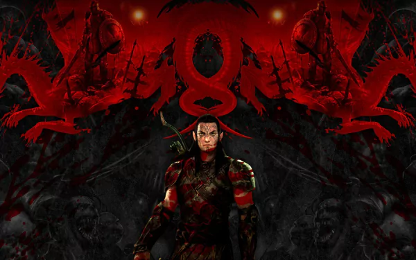 HD PC desktop wallpaper featuring a dark, intense scene from the video game Dragon Age: Origins with a central armored character and red dragon motifs.
