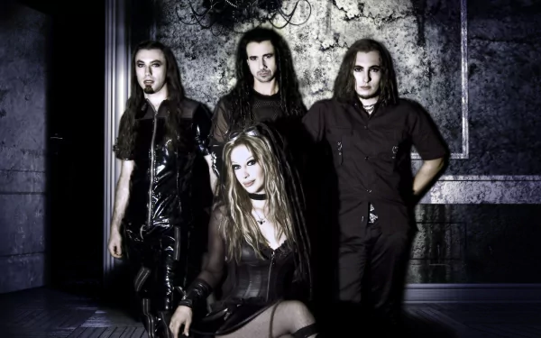 HD PC desktop wallpaper music portrait of a gothic band: female lead seated front, three long‑haired members behind, dark leather outfits and textured concrete backdrop.
