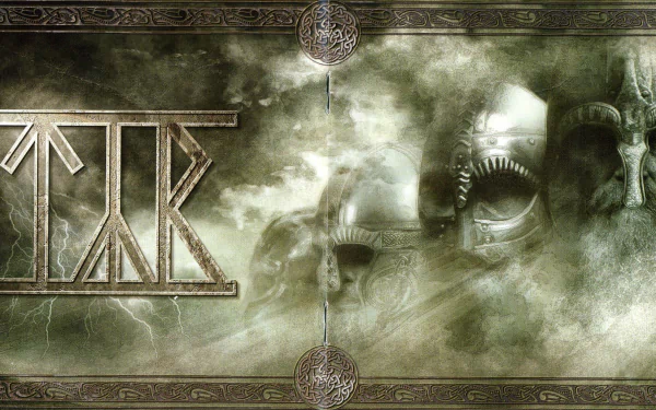 HD PC desktop wallpaper for Týr (music): misty Norse-themed background with runic Týr logo, shadowed helmets and ornamental border.