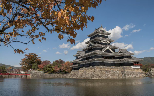 HD desktop wallpaper showcasing Matsumoto Castle, a historic man-made fortress surrounded by water and autumn foliage under a clear blue sky.