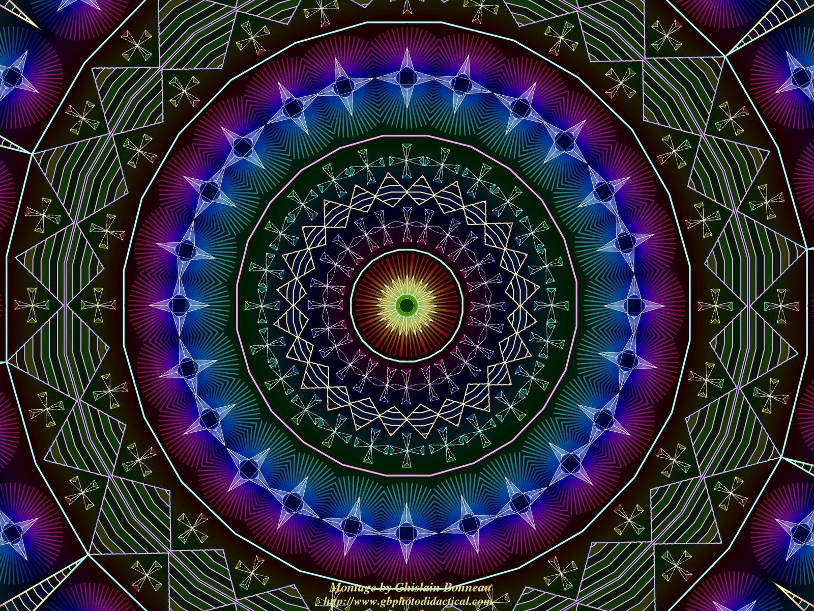 Vibrant psychedelic mandala with intricate geometric patterns in vivid colors, designed as an artistic HD PC desktop wallpaper and background.