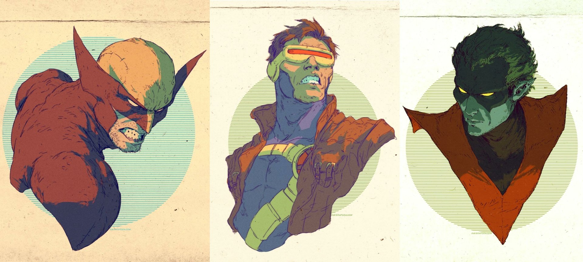 HD comic-style desktop wallpaper featuring Marvel Comics' X-Men characters Wolverine, Cyclops, and Nightcrawler in dynamic portrait illustrations.