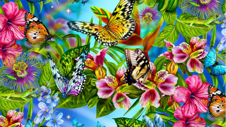 A vibrant HD desktop wallpaper featuring colorful butterflies amidst a lush, floral background showcasing diverse flowers in full bloom.