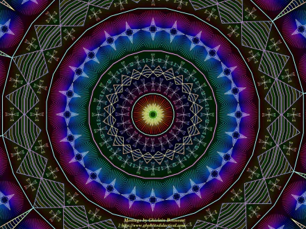 Vibrant psychedelic mandala with intricate geometric patterns in vivid colors, designed as an artistic HD PC desktop wallpaper and background.