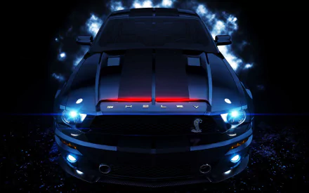 HD desktop wallpaper featuring a black Ford Mustang Shelby Cobra GT 500 with glowing headlights and red racing stripes against a smoky dark background.