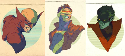 HD comic-style desktop wallpaper featuring Marvel Comics' X-Men characters Wolverine, Cyclops, and Nightcrawler in dynamic portrait illustrations.