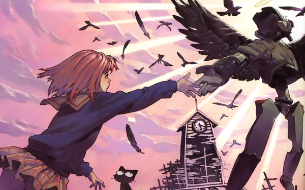 Anime FLCL HD PC desktop wallpaper: a schoolgirl reaches for a standing mech as crows fill a sunset sky over a clock tower, while a small black cat watches below.