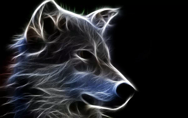 HD desktop wallpaper featuring a digital art illustration of a wolf with glowing, neon outlines against a dark background.