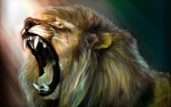 HD desktop wallpaper featuring a roaring lion with a vividly illustrated mane and expressive eyes, set against a blurred green background.