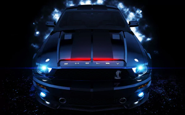 HD desktop wallpaper featuring a black Ford Mustang Shelby Cobra GT 500 with glowing headlights and red racing stripes against a smoky dark background.