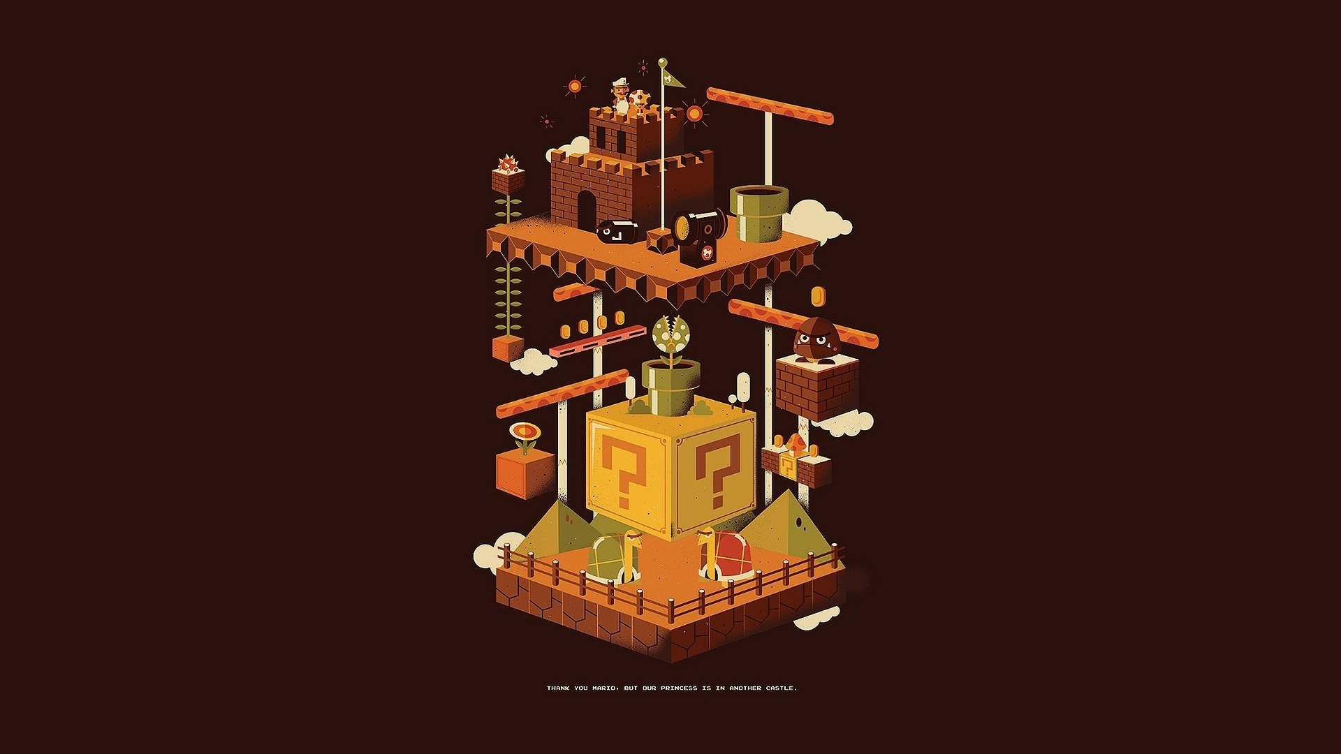 HD PC desktop wallpaper featuring an isometric Super Mario Bros. scene with iconic blocks, pipes, and platforms in a stylized video game design.