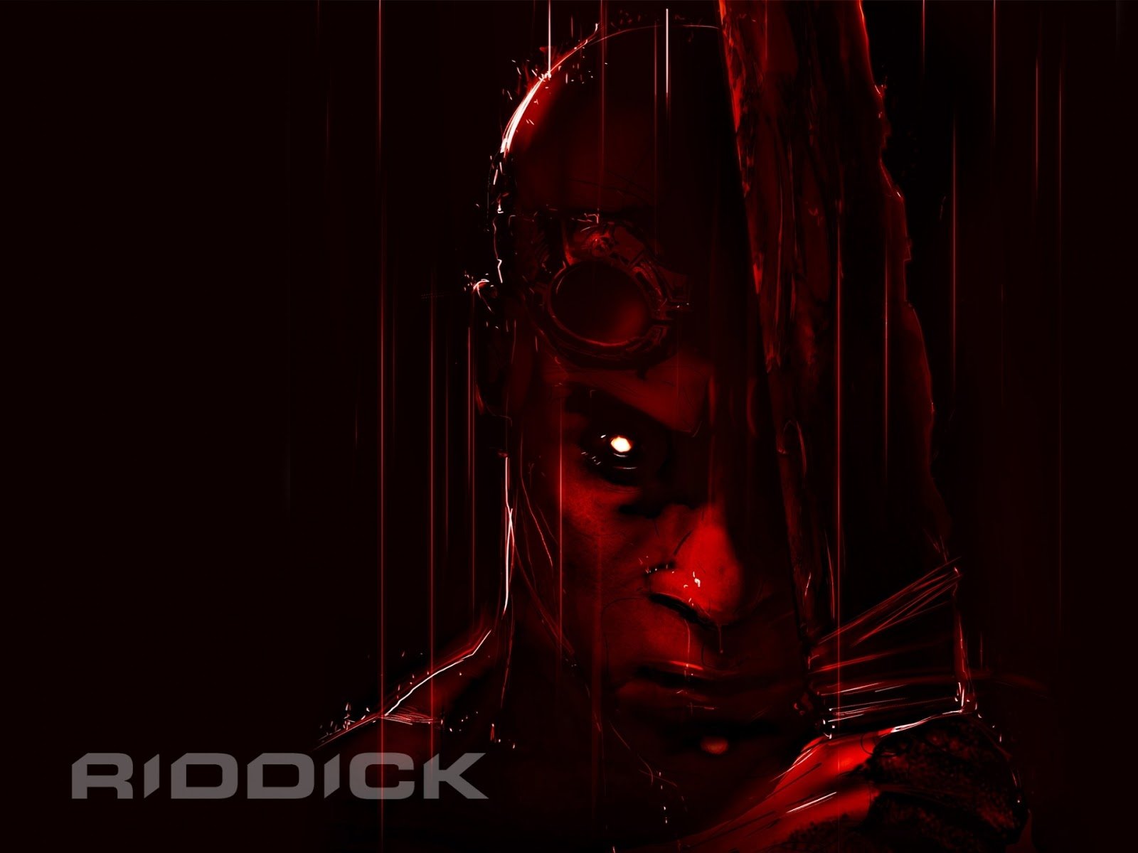 HD desktop wallpaper of Riddick with glowing eyes and a dark, foreboding atmosphere.