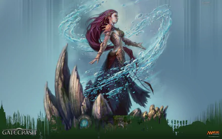 HD fantasy PC desktop wallpaper featuring a Magic: The Gathering female character casting a swirling water spell amidst jagged rocks and misty surroundings.