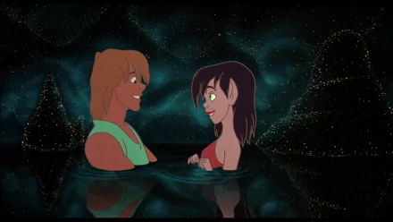HD wallpaper from Ferngully: The Last Rainforest featuring two animated characters smiling at each other with a starry background.