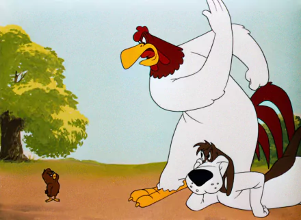 Foghorn Leghorn from the Looney Tunes TV show stands imposingly next to a dog, with a smaller bird in the background, set against a colorful outdoor scene. HD desktop wallpaper.