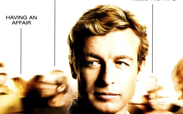 HD PC desktop wallpaper of The Mentalist TV show featuring a close-up of the main character's face amidst blurred figures and text indicating Having an affair.