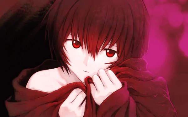 Rei Ayanami from *Neon Genesis Evangelion* gazes thoughtfully, wrapped in a dark red cloth, surrounded by a gradient of pink hues. An evocative HD anime wallpaper.