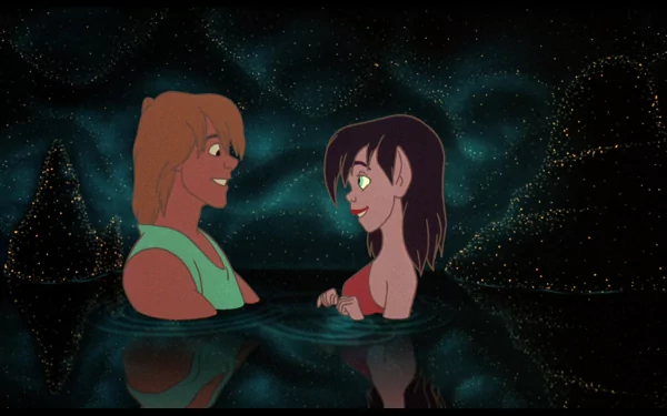 HD wallpaper from Ferngully: The Last Rainforest featuring two animated characters smiling at each other with a starry background.