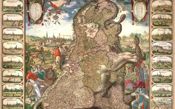 HD PC desktop wallpaper featuring an ornate historical map with detailed illustrations and decorative borders, showcasing a vintage cartographic style.