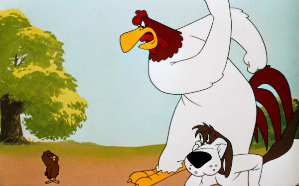 Foghorn Leghorn from the Looney Tunes TV show stands imposingly next to a dog, with a smaller bird in the background, set against a colorful outdoor scene. HD desktop wallpaper.