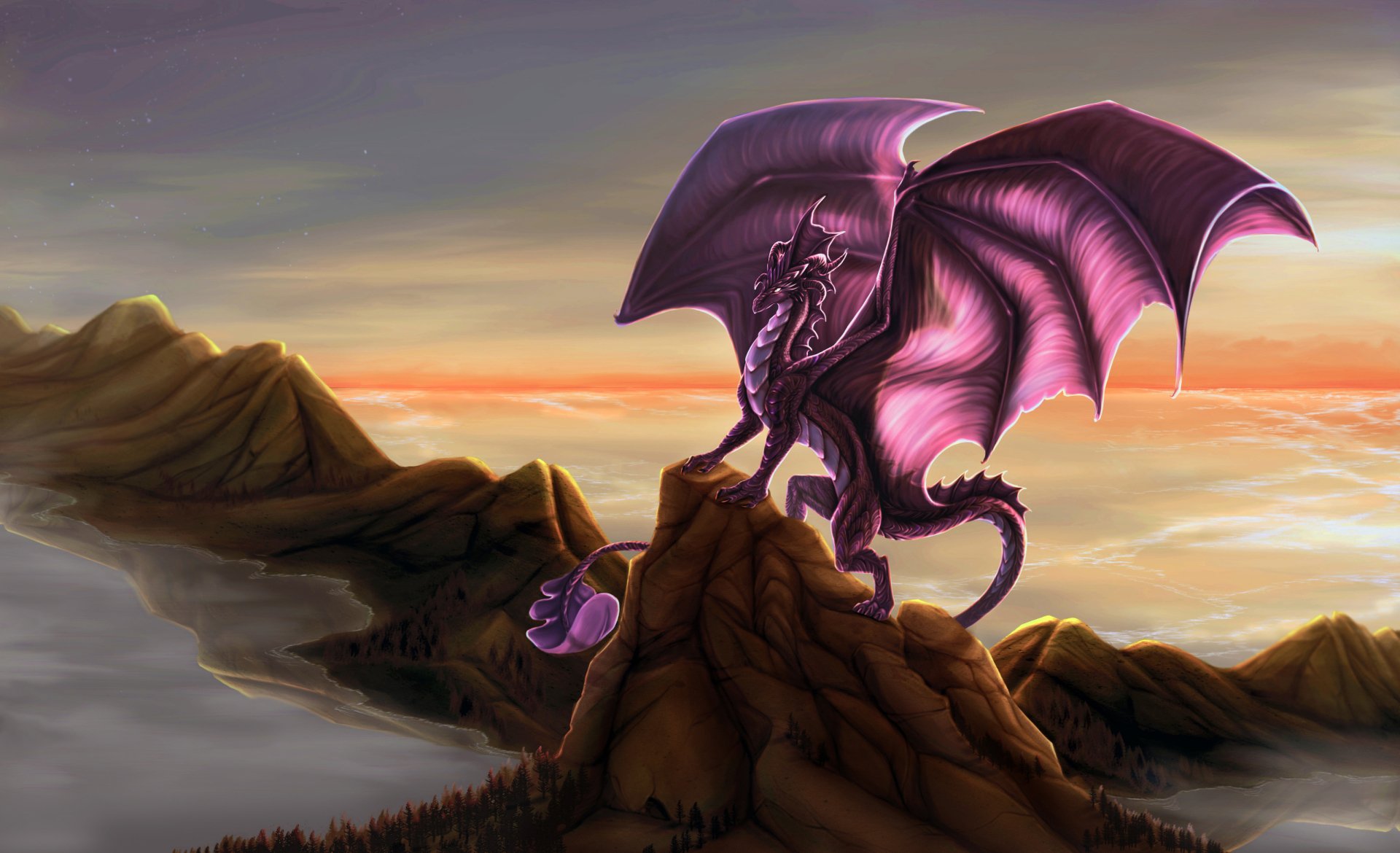 A majestic dragon perches atop a rocky peak, its wings spread wide against a vibrant sunset, creating a stunning fantasy scene for an HD desktop wallpaper.