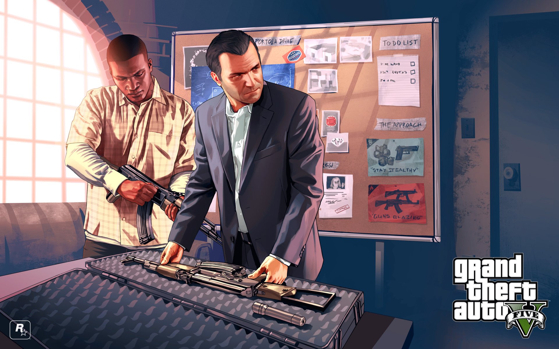 Franklin Clinton and Michael De Santa from Grand Theft Auto V are depicted in this HD PC desktop wallpaper, showcasing their strategic planning and teamwork.