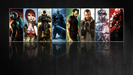 HD PC desktop wallpaper and background: a video game collage of vertical character panels reflected on a glossy dark floor, showing action and fantasy heroes.