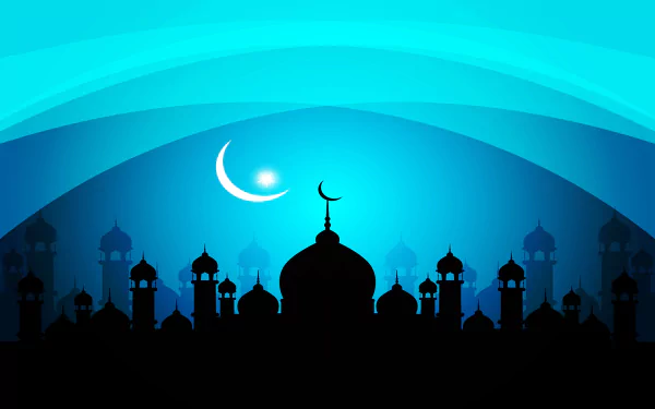 A serene HD desktop wallpaper featuring a silhouetted mosque against a vibrant blue background, complemented by a crescent moon and elegant arches, conveying a sense of tranquility.