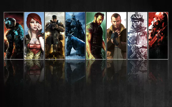 HD PC desktop wallpaper and background: a video game collage of vertical character panels reflected on a glossy dark floor, showing action and fantasy heroes.