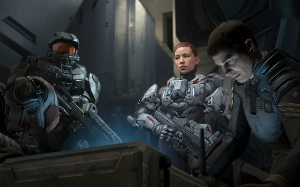 8K Ultra HD PC wallpaper featuring characters from the video game Halo 4, showing a tense moment with armored soldiers in a dimly lit futuristic setting.