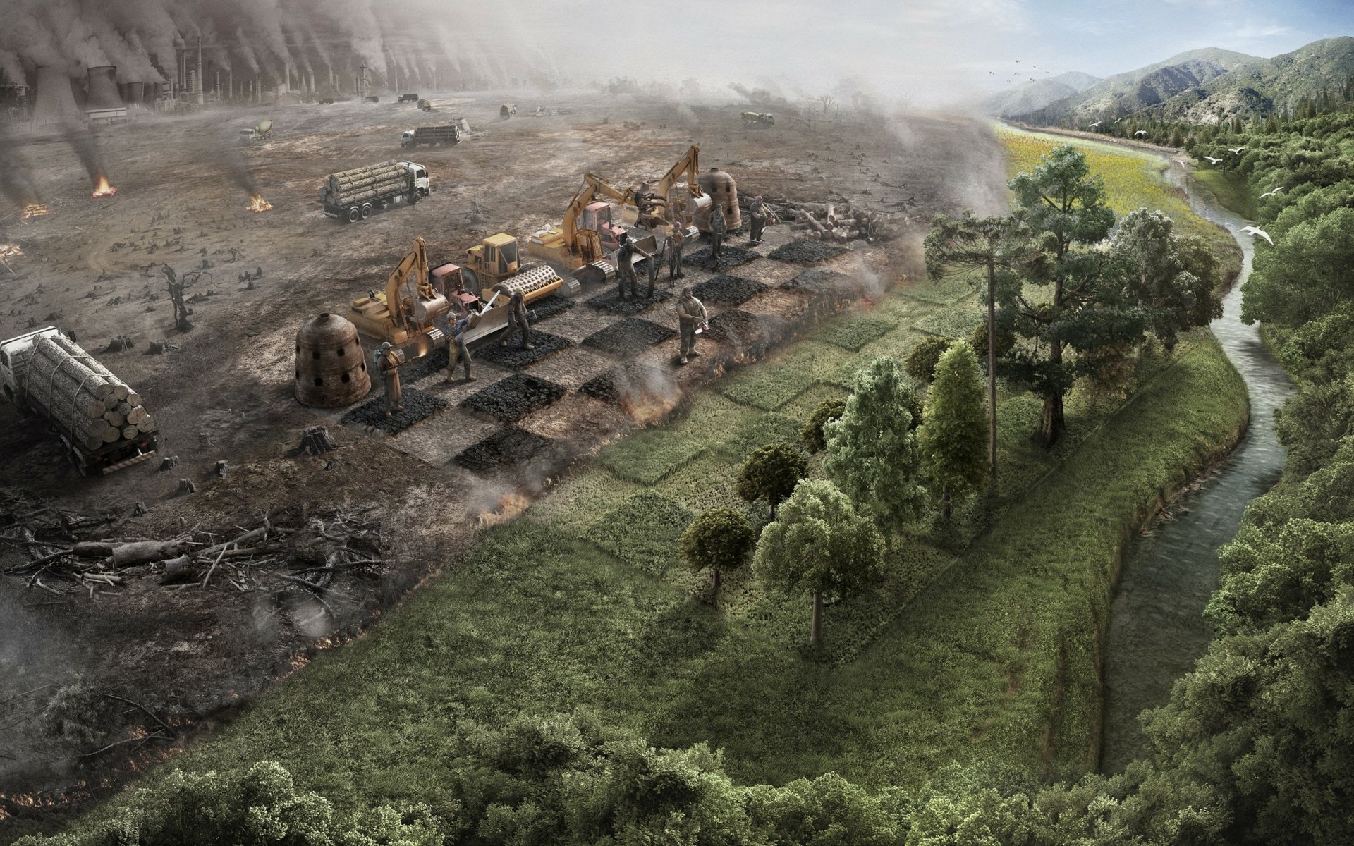 HD desktop wallpaper depicting a chess-themed landscape with contrasting industrial and natural elements.