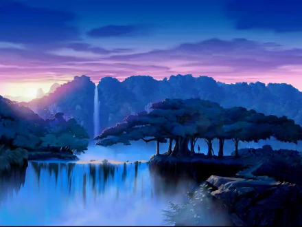 HD desktop wallpaper featuring a fantasy landscape with a waterfall, lush trees, and a tranquil lake at dawn.