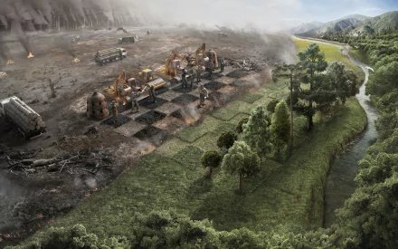 HD desktop wallpaper depicting a chess-themed landscape with contrasting industrial and natural elements.