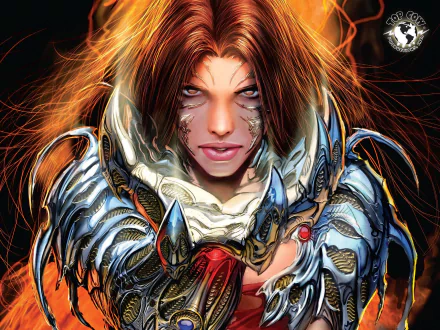 A dynamic HD wallpaper featuring a fierce character from the Witchblade comic, showcasing intricate armor and a powerful expression against a fiery background.