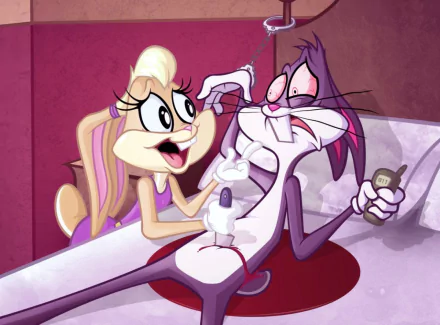 HD PC desktop wallpaper of The Looney Tunes Show: Lola Bunny smiling as she holds a knife over a bound, terrified Bugs Bunny on a blood-stained bed.
