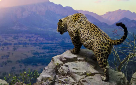 HD wallpaper featuring a jaguar standing on a rock with a scenic mountainous background.