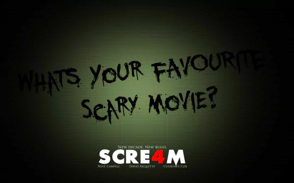 HD desktop wallpaper featuring What's Your Favourite Scary Movie? in eerie text with the Scream 4 movie logo beneath it. The background is dark, creating a chilling atmosphere.