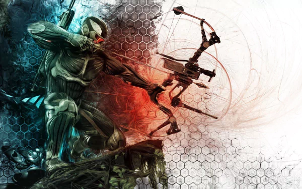 An HD desktop wallpaper featuring Laurence 'Prophet' Barnes from the video game Crysis 3, showcasing him in an action pose with a bow against a dynamic background.