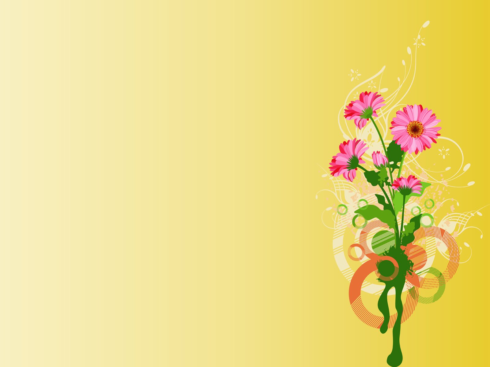 Artistic HD PC desktop wallpaper featuring vibrant pink flowers with decorative swirls on a soft yellow gradient background.