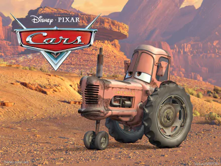 HD PC desktop wallpaper featuring the tractor character from Disney Pixar's Cars movie against a desert canyon backdrop.